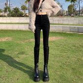 女小脚秋2025新款 弹力修身 显瘦紧身铅笔裤 黑色高腰牛仔裤 冬加绒裤