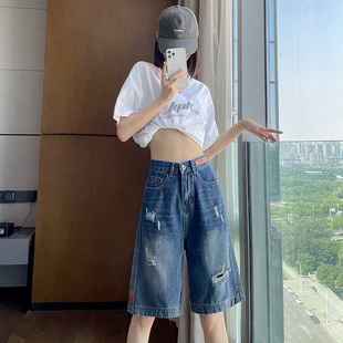 牛仔五分短裤女2026年夏新款港味破洞高腰显瘦休闲阔腿a字阔腿裤