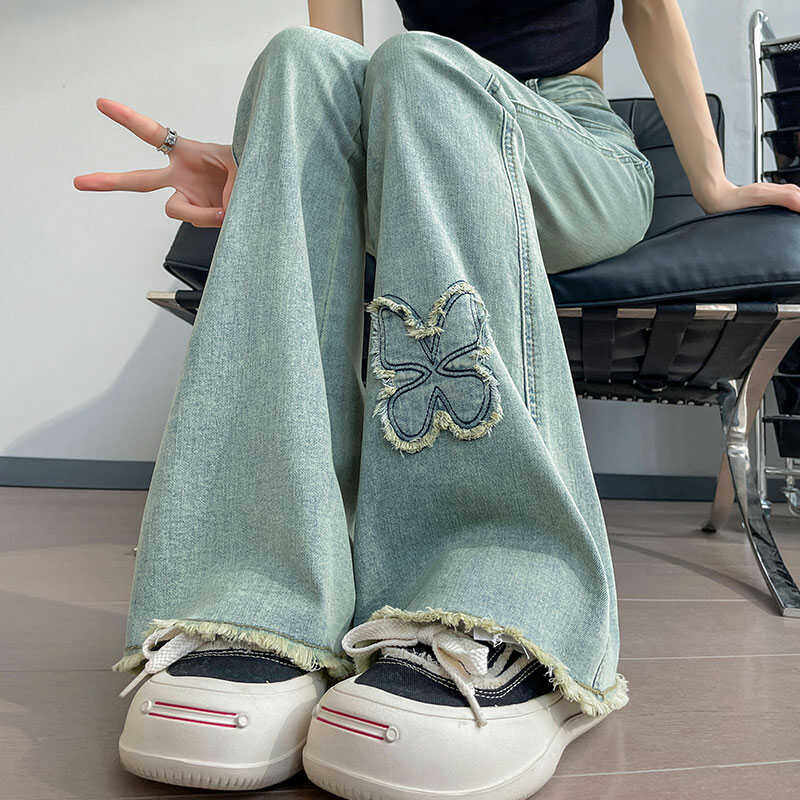 浅蓝蝴蝶刺绣贴布微喇牛仔裤女夏季高腰弹力修身毛边国风复古拖地,女装/女士精品,牛仔裤,淘宝优惠券,粉丝福利购,淘宝优惠卷