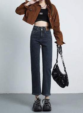 蓝灰色九分直筒牛仔裤女春夏2025流行爆款法棍裤高腰八分烟管裤子