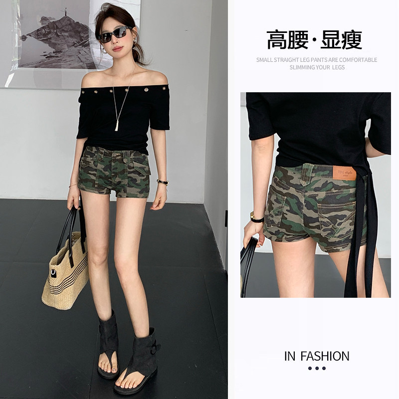 迷彩超短裤夏季高腰牛仔短裤女弹力紧身显瘦超短裤个性工装口袋