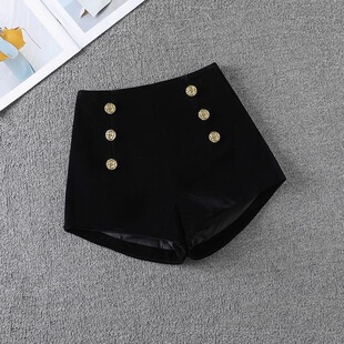 高腰显瘦外穿a字阔腿靴裤 爆款 女2025春秋新款 双排扣黑色丝绒短裤