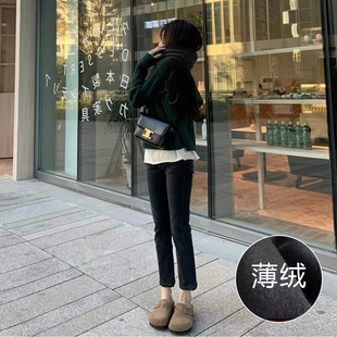 高腰黑色直筒加绒烟管牛仔裤女2025年新款春秋款小个子薄绒九分裤