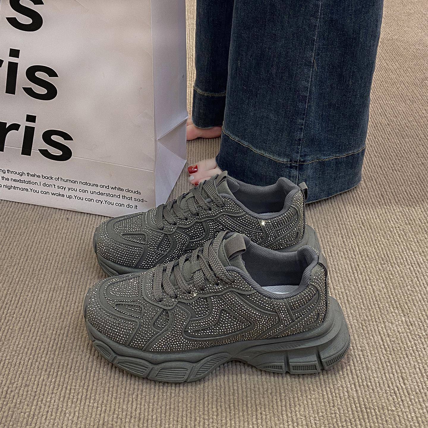 显脚小老爹鞋女2025新款秋季设计感闪钻厚底增高鞋潮流覆古运动鞋