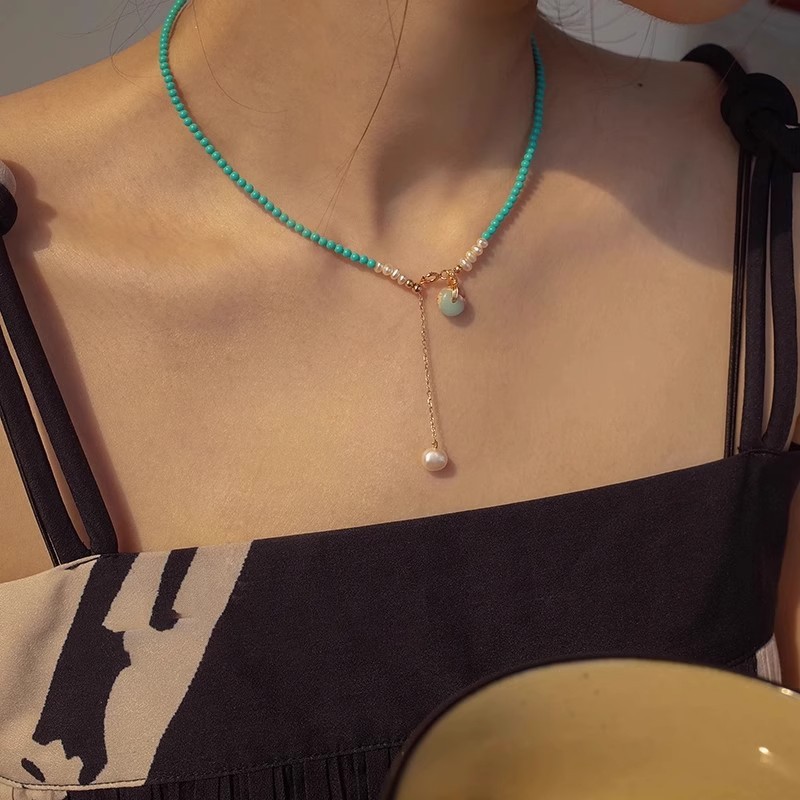 复古仿绿松石珍珠项链轻奢小众设