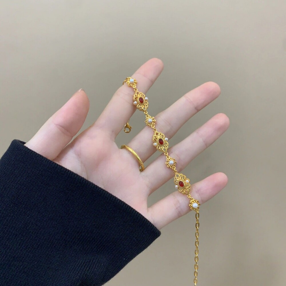 古法红石榴石花丝凤华手链新款镶
