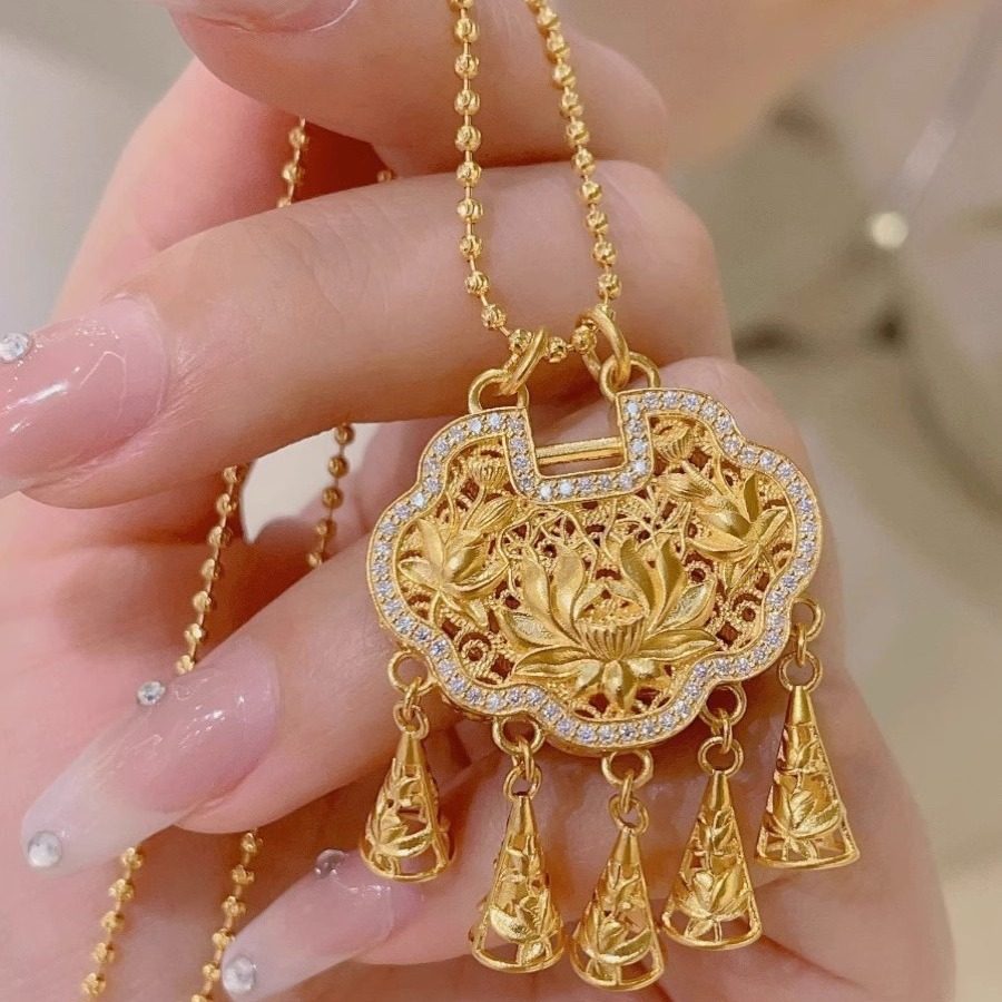 黄金色莲花项链古法同心锁铃铛流