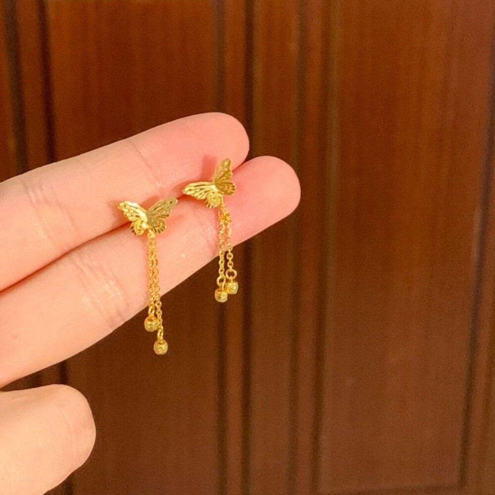轻奢黄金色蝴蝶流苏耳钉女小众设