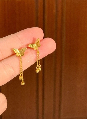 轻奢黄金色蝴蝶流苏耳钉女小众设