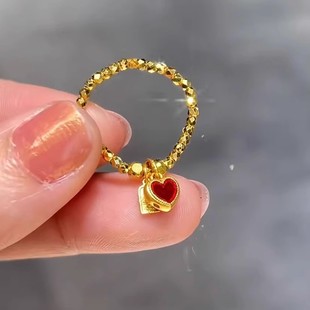 复古碎金子戒指蹦迪珠食指高温烧蓝爱心小吊坠轻奢高级感手工指环