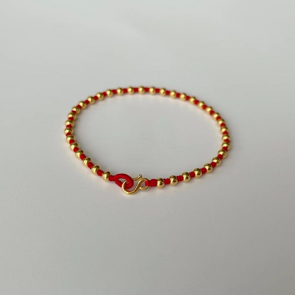 新款金色珠编织红绳子手链女小金