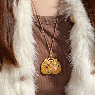 复古中国风轻奢锁包吊坠可打开螺钿金色如意莲花坠子吊坠挂绳女