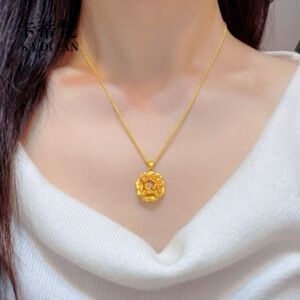 沙金点钻立体錾刻牡丹花吊坠项链新中式人间富贵花朵挂坠锁骨链
