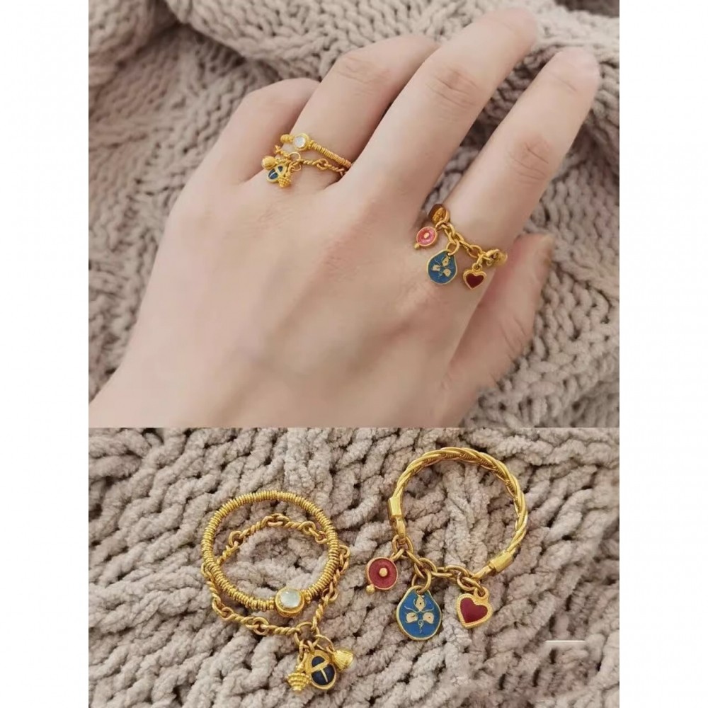 柯梦兰同款链条流苏戒指女古法烧蓝宫廷风叠戴气质百搭珐琅指环