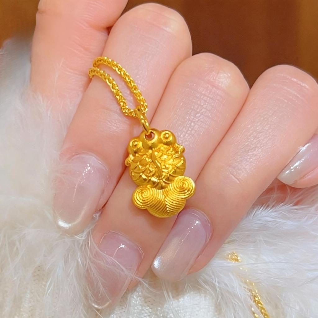 金店同款沙金古法开运小金鱼吊坠项链富贵有鱼胖嘟嘟小鱼锁骨链