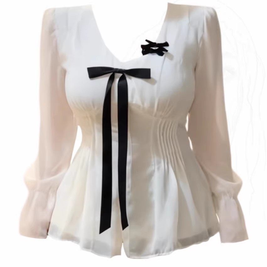 纯欲风蝴蝶结V领长袖衬衫