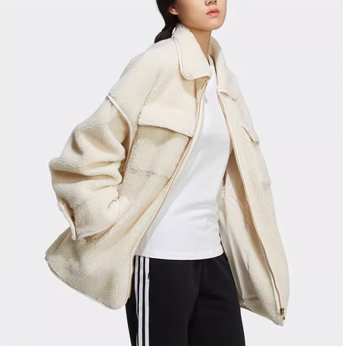 Adidas阿迪达斯三叶草外套女装秋冬羊羔绒翻领夹克HC6602