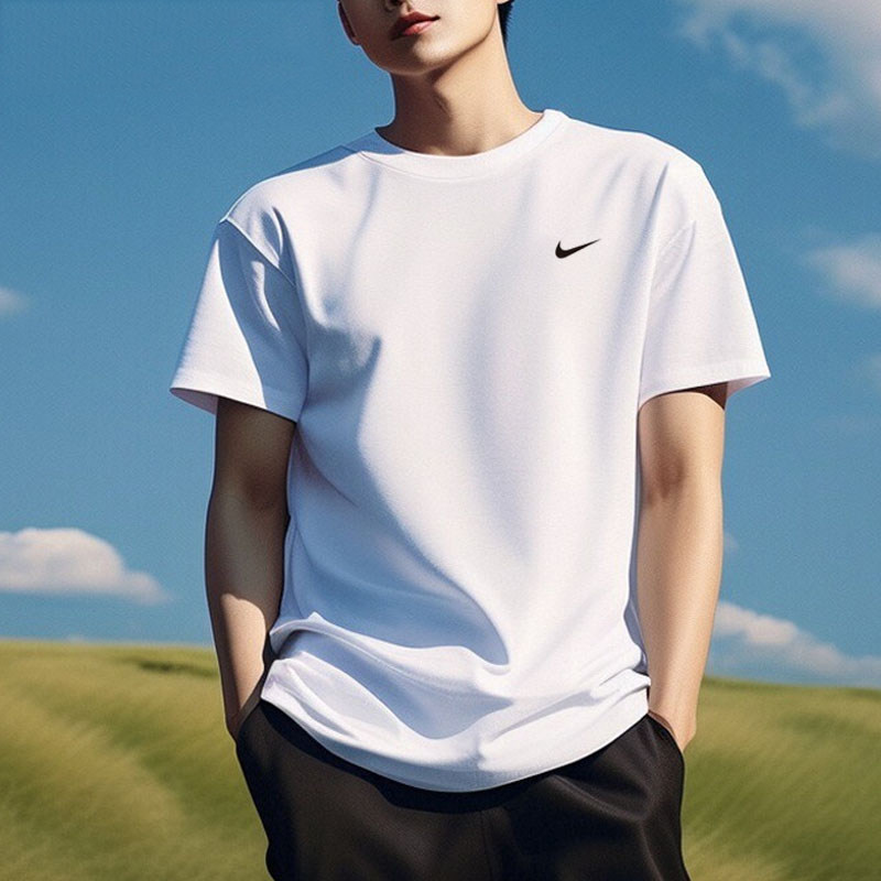 Nike/耐克纯棉白T恤男新款短袖圆领透气运动装宽松五分袖上衣