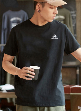 Adidas黑色短袖男装2025年夏季纯棉半袖休闲运动T恤IC9282