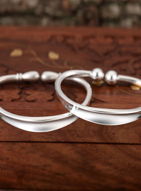 民雕小匠圆形对珠圆蒜头光面凹面纯银手镯少女小女孩手工足银镯子