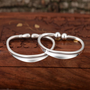 民雕小匠圆形对珠圆蒜头光面凹面纯银手镯少女小女孩手工足银镯子