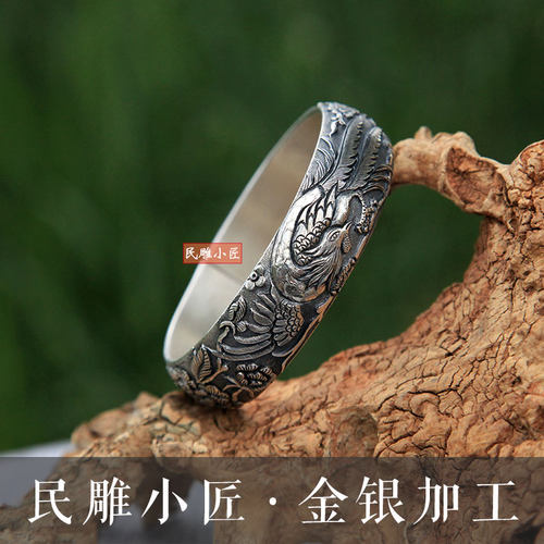 民雕小匠 锦上添花前程似锦足银手镯宽银镯子高工满雕宽镯梅花镯