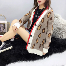 春秋加厚豹纹毛衣外套宽松慵懒风秋季 外搭 韩版 开衫 针织衫 女中长款