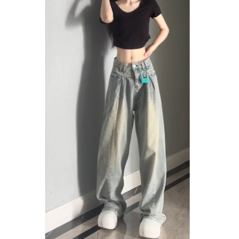 复古垂感阔腿牛仔裤女2024春季新款高腰显瘦宽松直筒拖地裤小个子