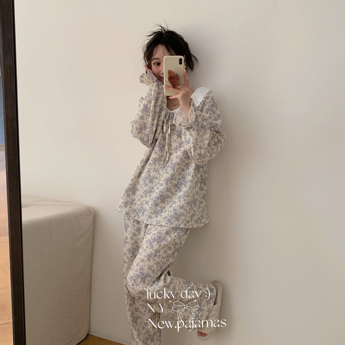绉布系绳蕾丝套装睡衣女士家居服