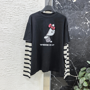 欧货25秋新款 T恤女宽松上衣 趣味可爱蝴蝶结躲猫猫印花拼接条纹袖