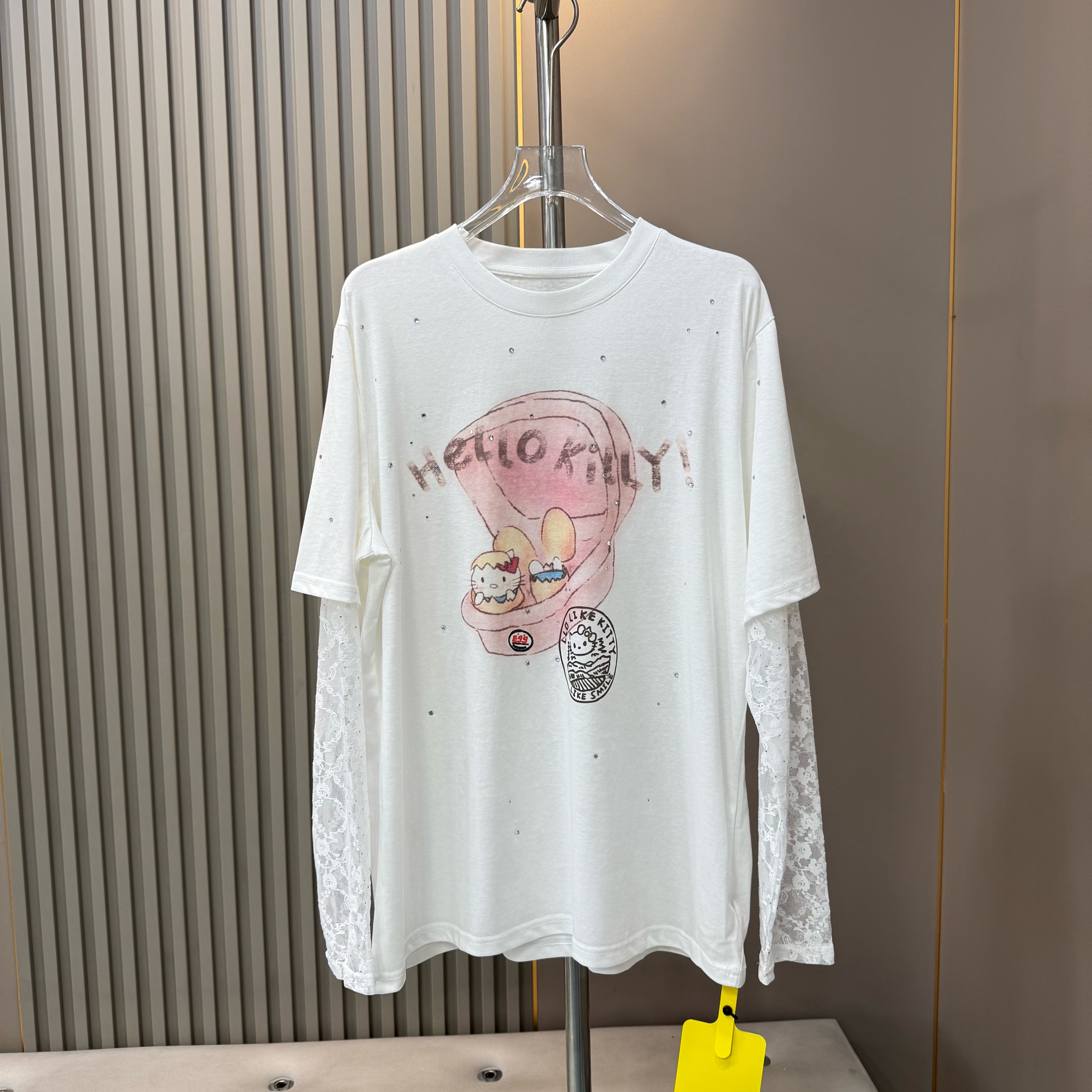 特价清仓 薄款kitty猫咪印花拼接蕾丝袖假两件脏脏染长袖T恤女