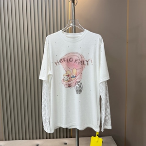 特价清仓 薄款kitty猫咪印花拼接蕾丝袖假两件脏脏染长袖T恤女
