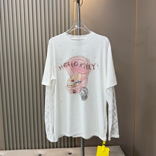 欧货2026春新款趣味穿搭kitty猫咪印花拼接蕾丝袖假两件长袖T恤女