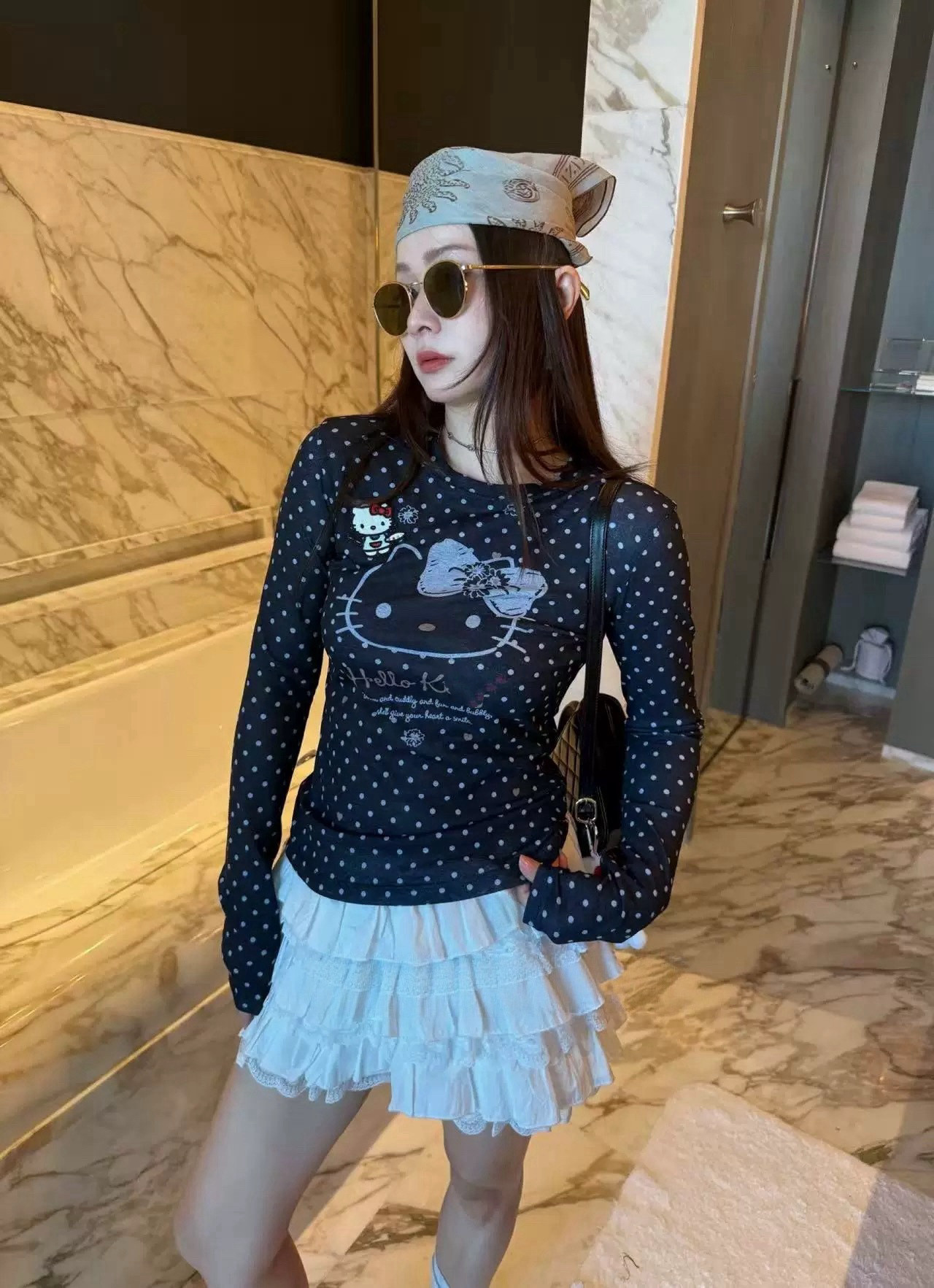 特价清仓 波点Kitty印花刺绣网纱长袖T恤女轻薄上衣打底衫