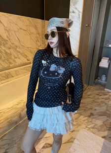 特价 波点Kitty印花刺绣网纱长袖T恤女轻薄上衣打底衫