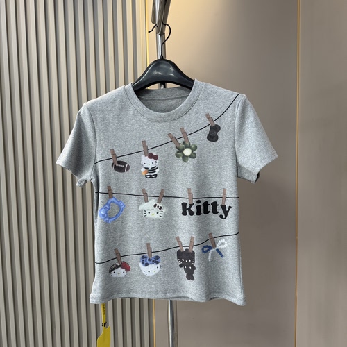 欧货新款 趣味可爱 夹子Kitty猫咪印花短袖T恤女 夏季修身短上衣