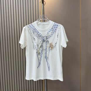 2026夏季新款 甜酷风 小熊链条丝巾印花短袖T恤女时髦修身上衣潮