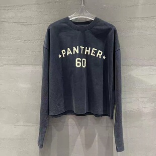 欧货春新款时尚圆领字母印花复古水洗宽松短款上衣女百搭长袖T恤