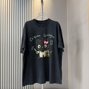 特价清仓 新款趣味Kitty猫咪蝴蝶结印花做旧短袖T恤中长款上衣