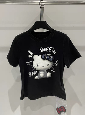 欧货新款美式趣味卡通Hello Kitty猫咪印花俏皮短袖T恤女洋气上衣