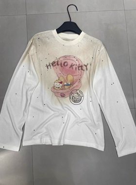 趣味可爱 鸡蛋壳猫咪印花烫钻脏脏T恤女秋季宽松上衣洋气打底衫