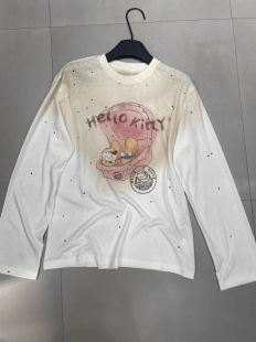 趣味可爱 鸡蛋壳猫咪印花烫钻脏脏T恤女秋季宽松上衣洋气打底衫