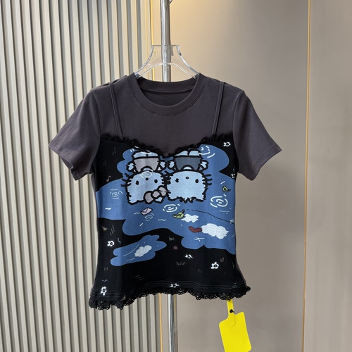 欧货新款 趣味Kitty猫咪印花拼蕾丝假两件短袖T恤女时髦修身上衣