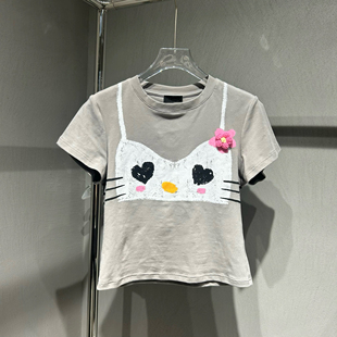 欧货2026夏新款时髦小众立体花朵猫咪蝴蝶结内衣印花短袖T恤上衣