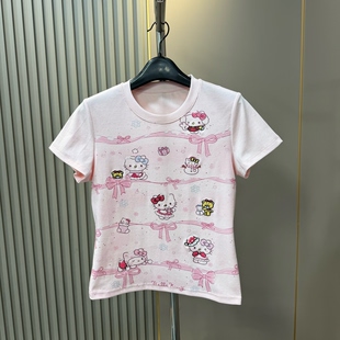 2026夏季新款圆领甜美可爱风kitty猫印花刺绣短袖T恤女修身上衣