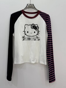 特价清仓 拼色条纹插肩袖Kitty刺绣印花长袖T恤女洋气上衣