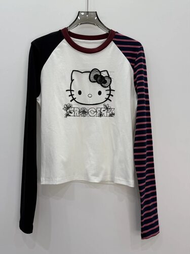 特价清仓 拼色条纹插肩袖Kitty刺绣印花长袖T恤女洋气上衣