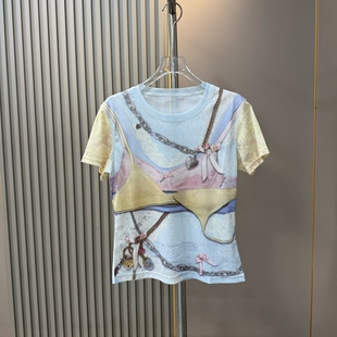 2026夏新款时尚设计感立体链条印花短袖T恤女时髦修身网纱上衣潮