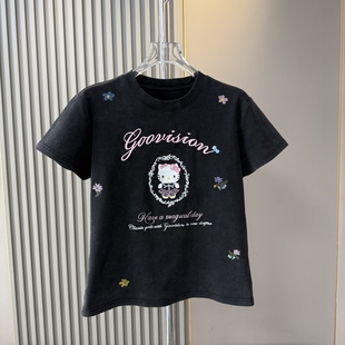 夏季 欧货2026夏新款 T恤女 卡通猫咪刺绣短袖 做旧上衣 甜美可爱