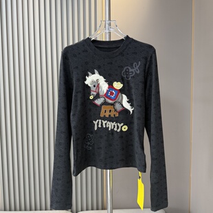 欧货春新款 趣味可爱 元宝小马图案刺绣T恤女 辣妹修身长袖短上衣